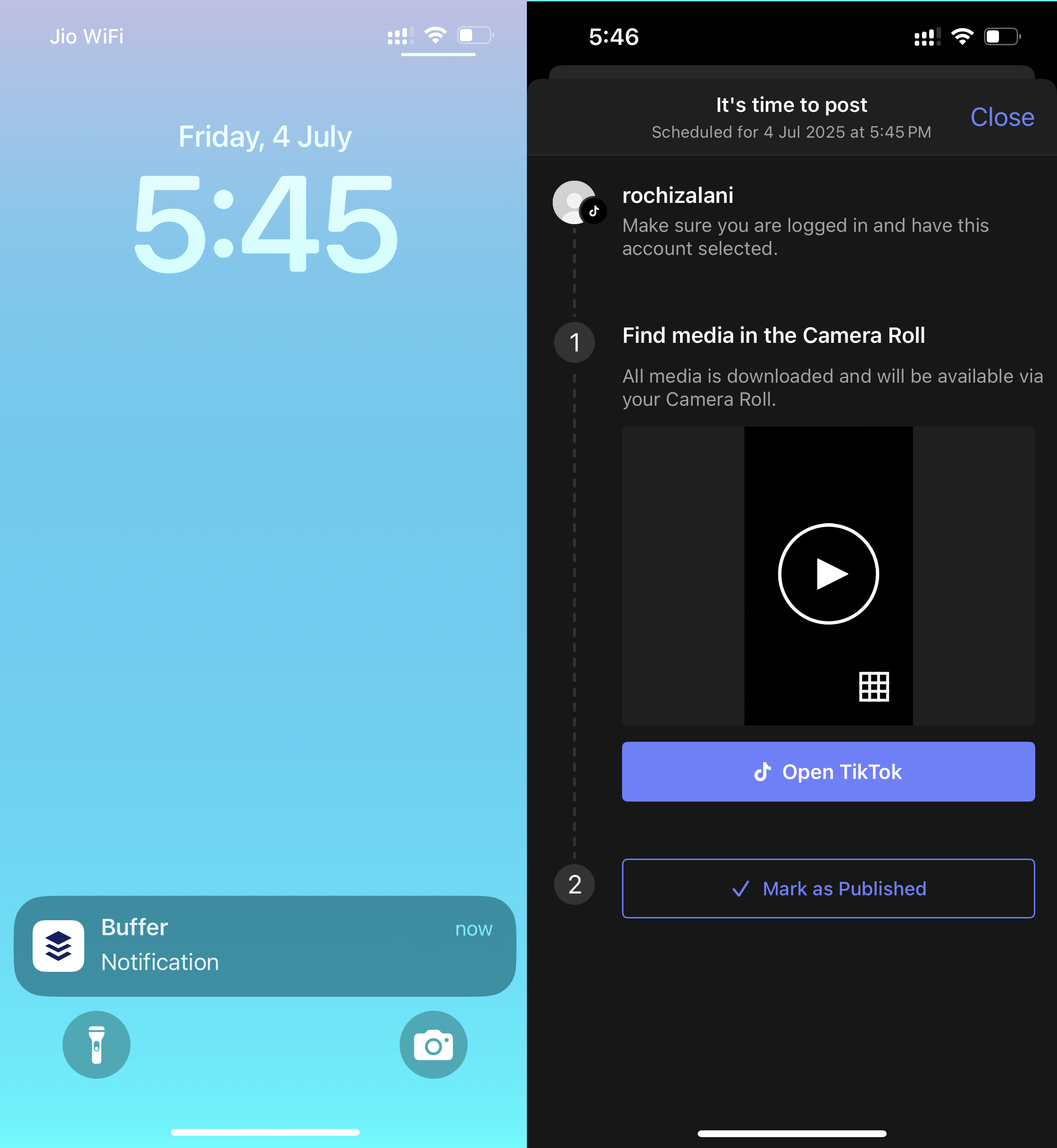a screenshot from a mobile phone showing the notication screen with a buffer notication to post, along with the posting menu from the app