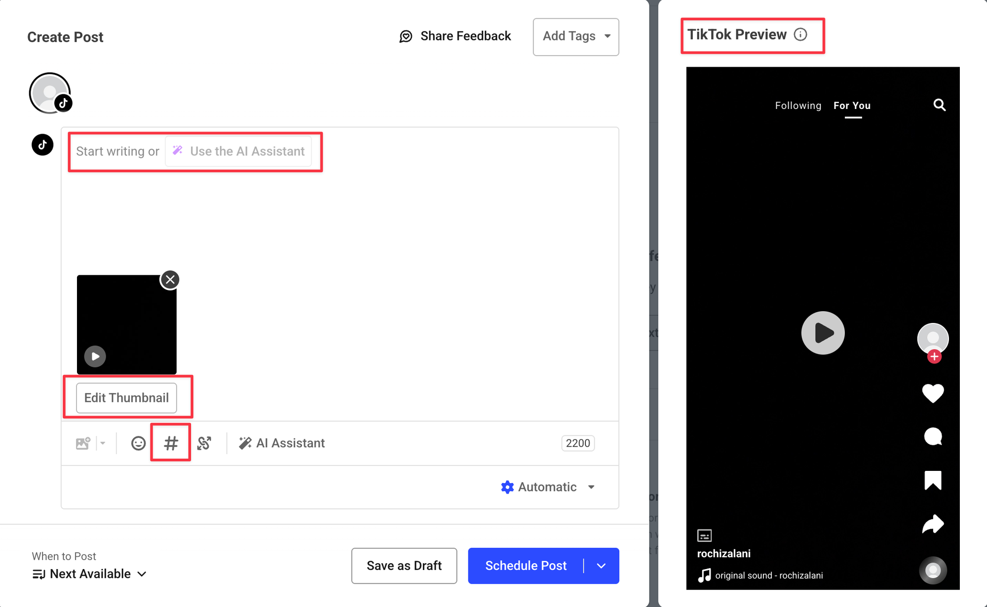 a view of the tiktok post composer within buffer