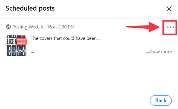 a screenshot of the scheduled posts list on Linkedin