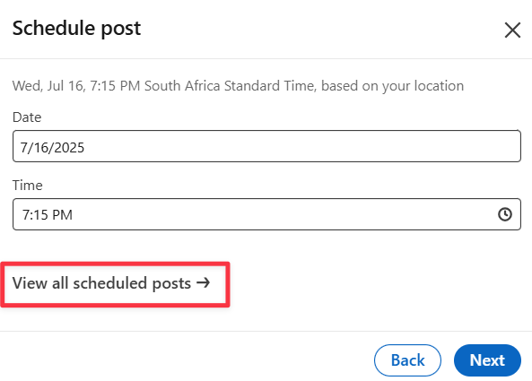 the scheduling options on a linkedin post, with the view all scheduled posts butoon on the bottom highlighted