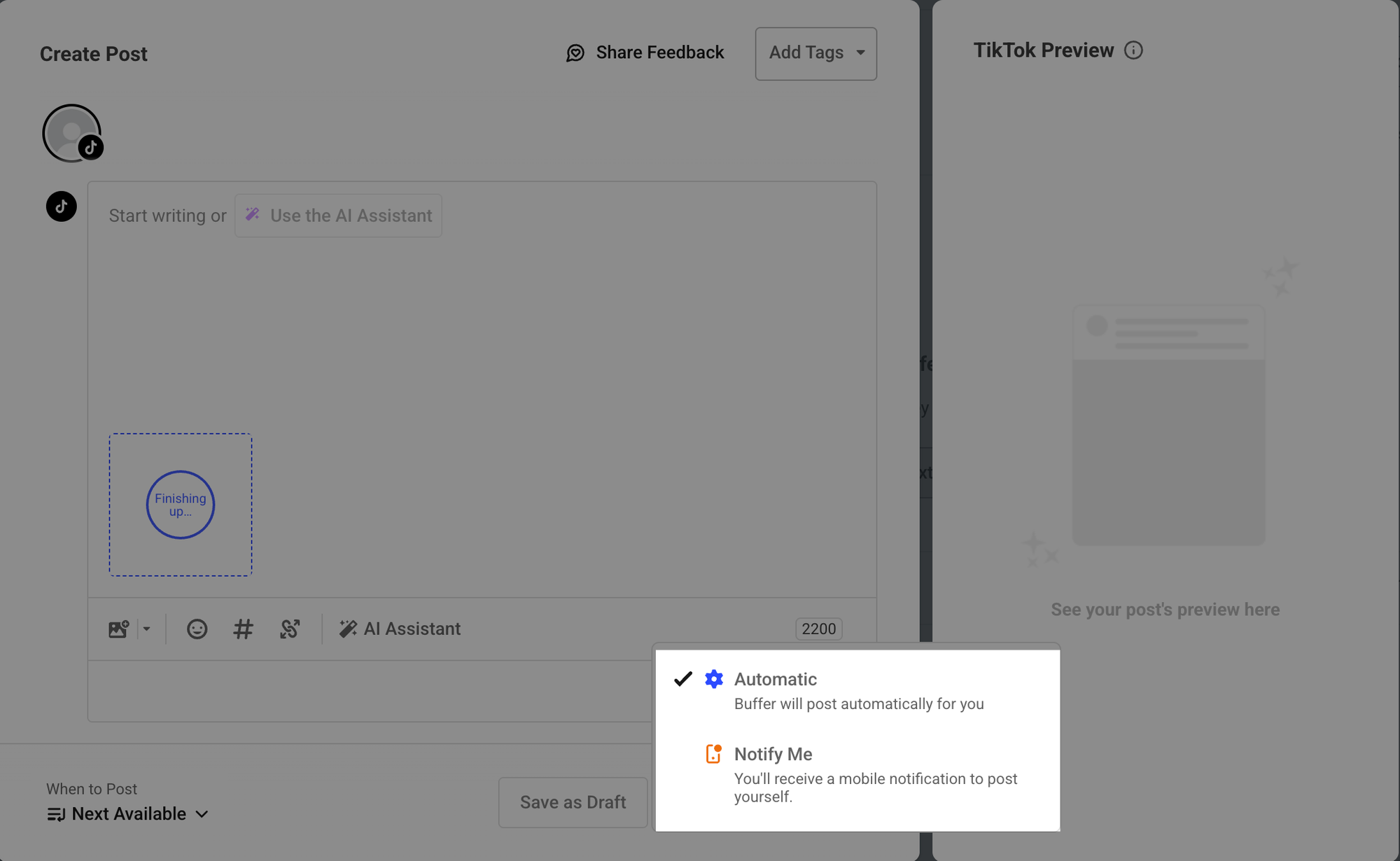 a view of buffer's composer with the automatic and notification scheduling options highlighted