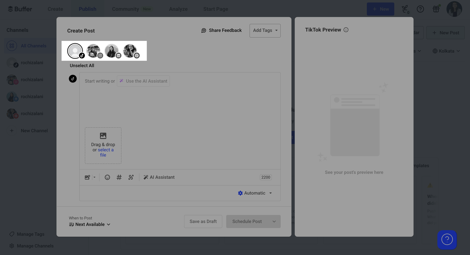 a screenshot of the post composer in buffer that shows how to select multiple channels as well as tiktok