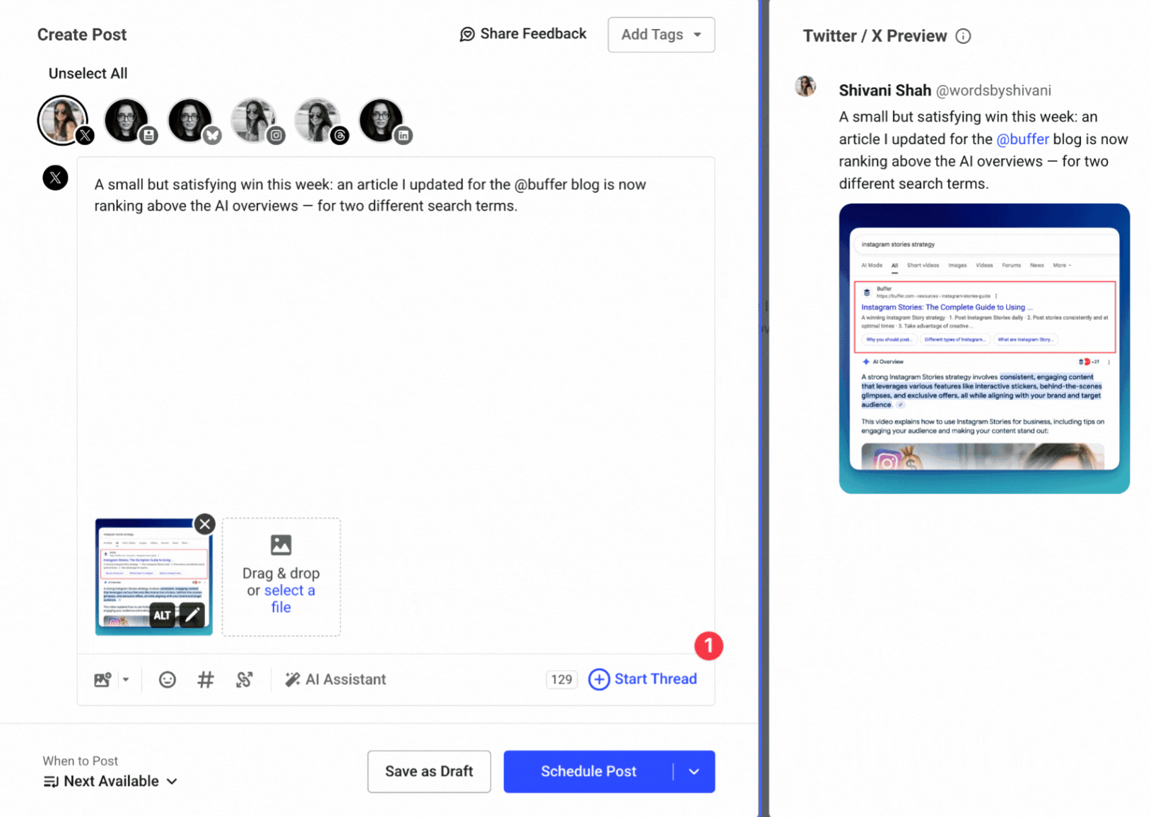 GIF showing how to schedule a tweet thread in buffer