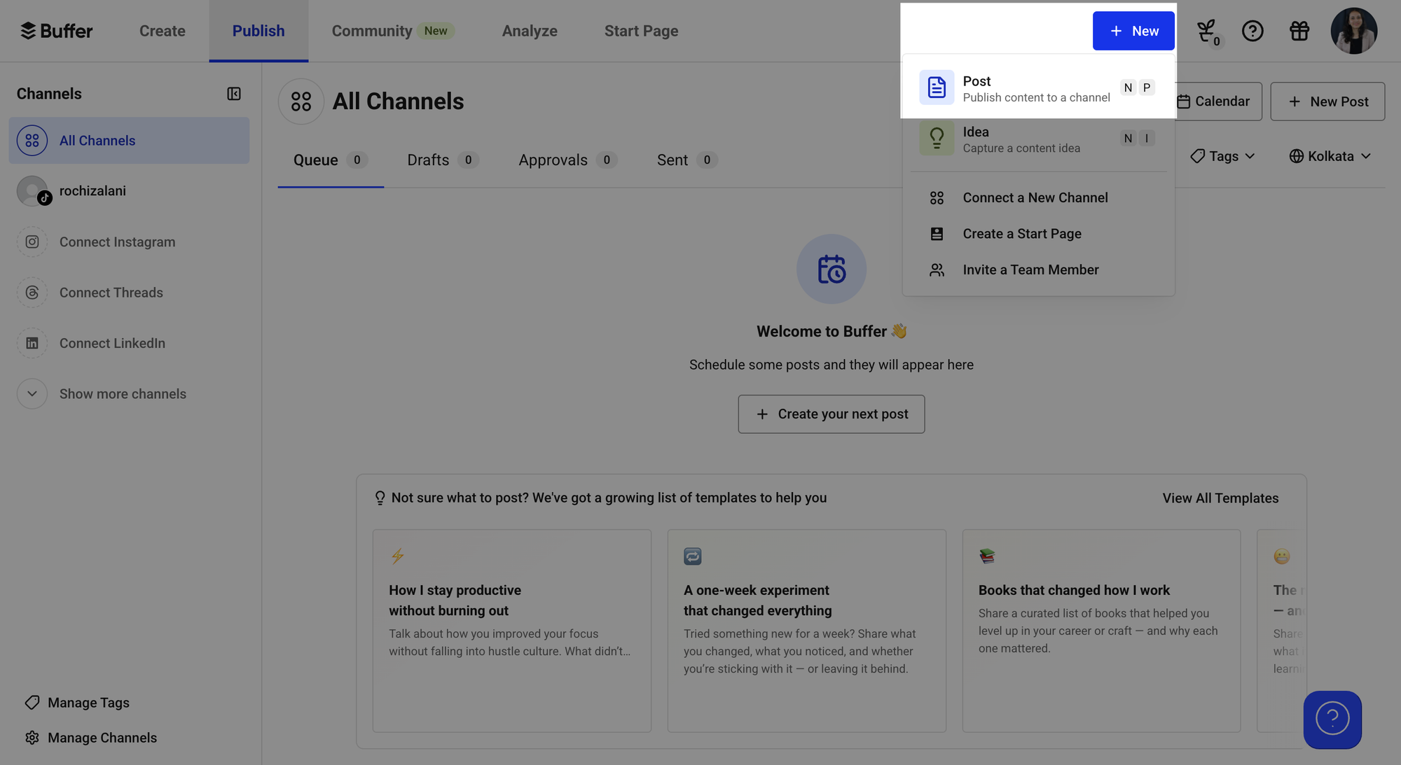 a screenshot of Buffer with the new post button on the top right highlighted. 