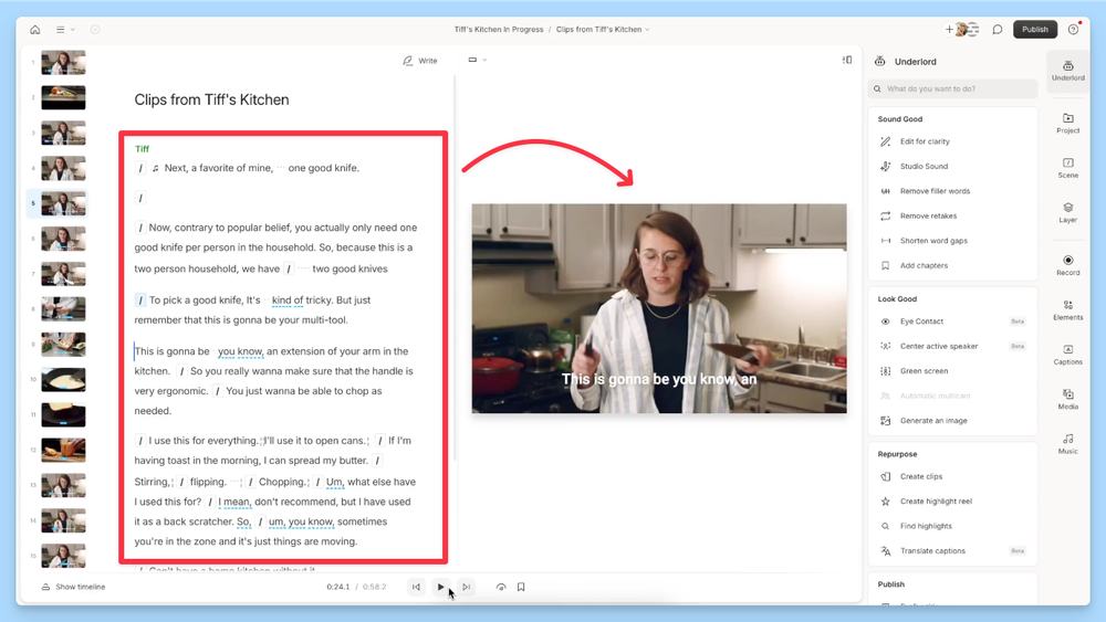 The image shows the Descript video editing interface. On the left is a transcript with speaker labels and highlighted filler words. On the right is a video preview of a woman in a kitchen.