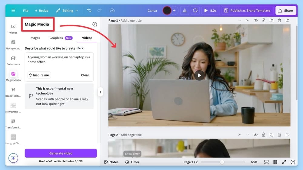 Screenshot of Canva’s Magic Media tool showing a prompt to generate a video of a young woman working on her laptop in a home office, with the resulting video preview on the right.