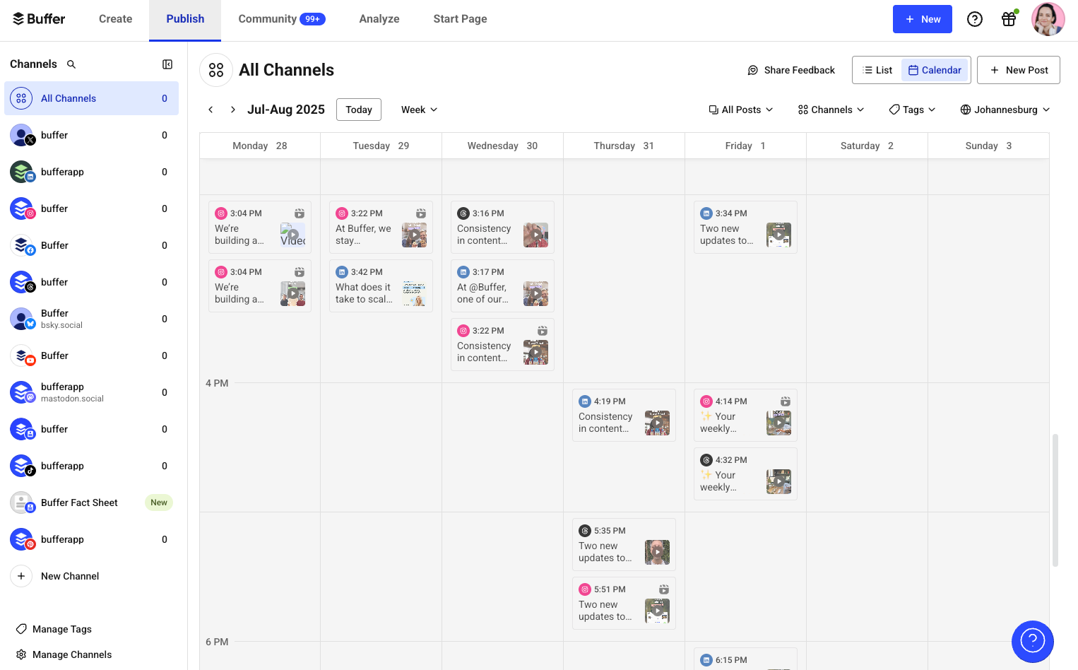 screenshot of the social media calendar in Buffer, showing posts scheduled across multiple social platforms
