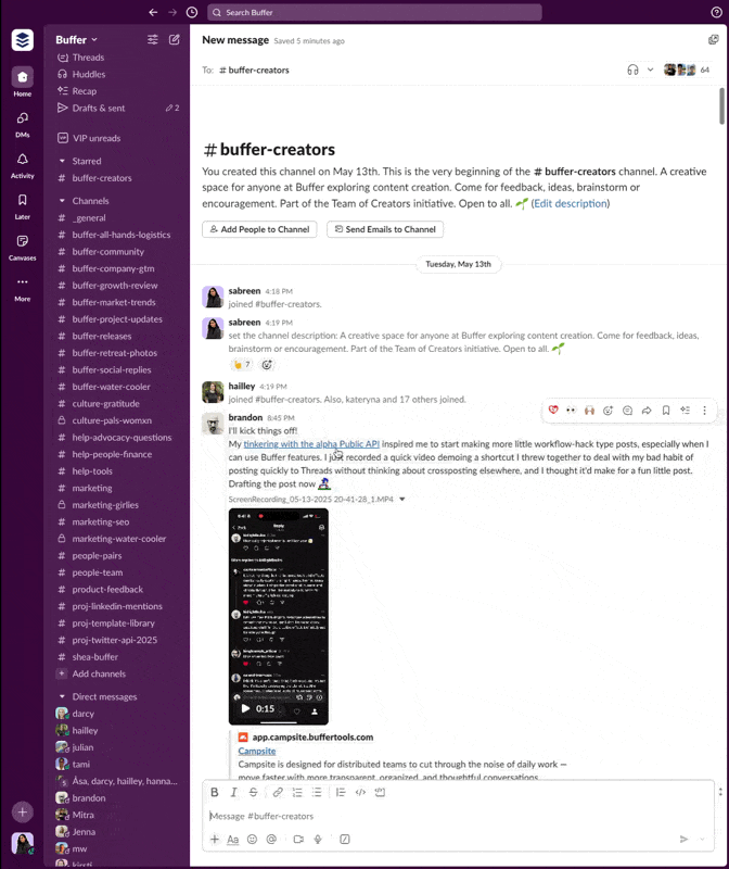 The #buffer-creators Slack channel.