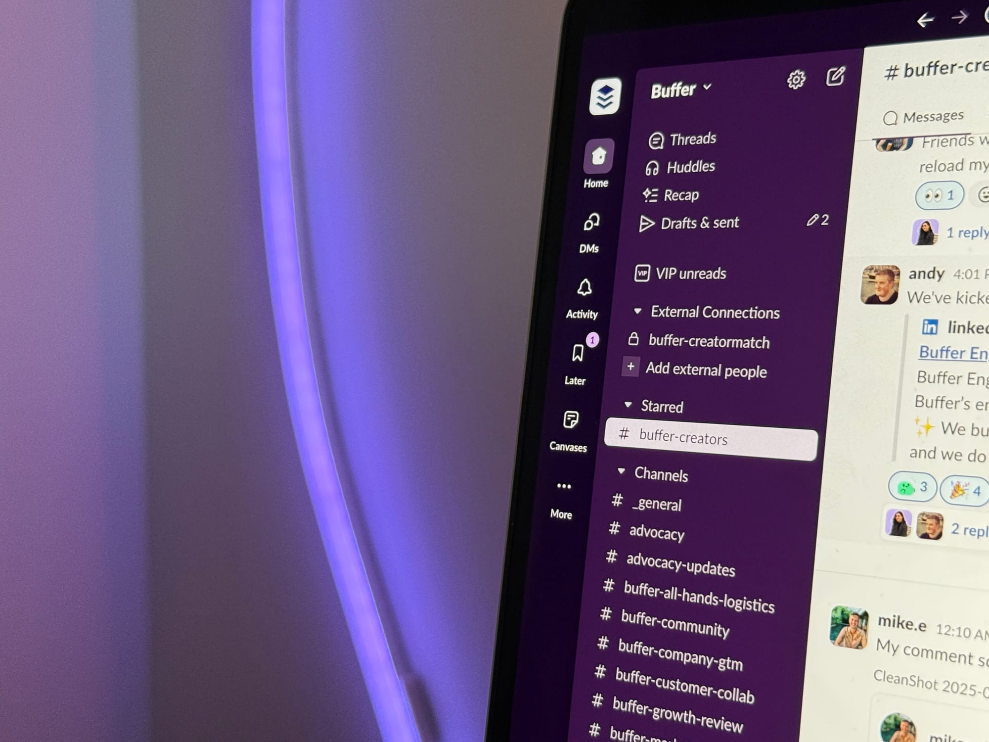 The #buffer-creators slack channel on Buffer's Slack.