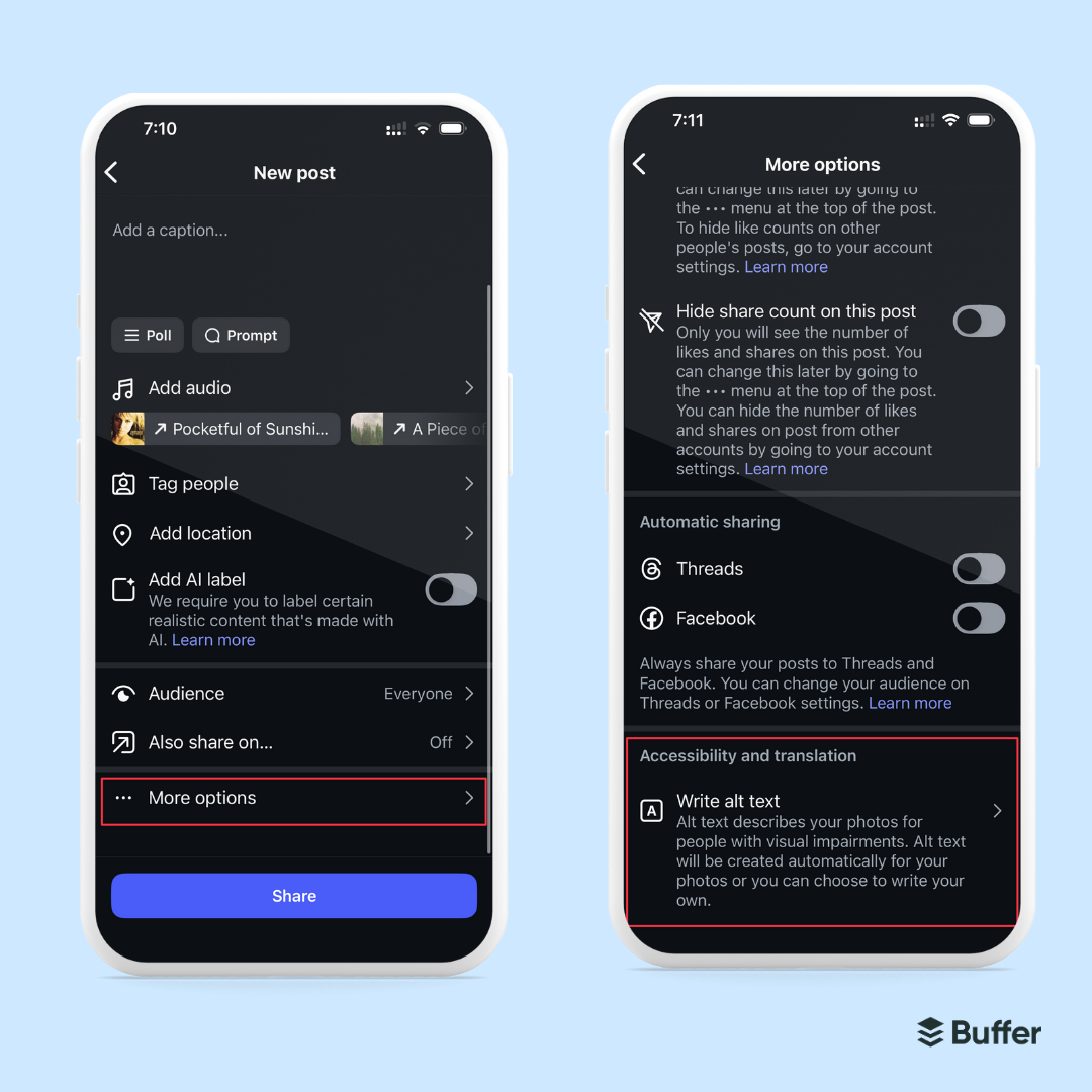 Screenshot of Instagram’s post creation screen showing how to access the option to write custom alt text for accessibility and SEO under “More options.”