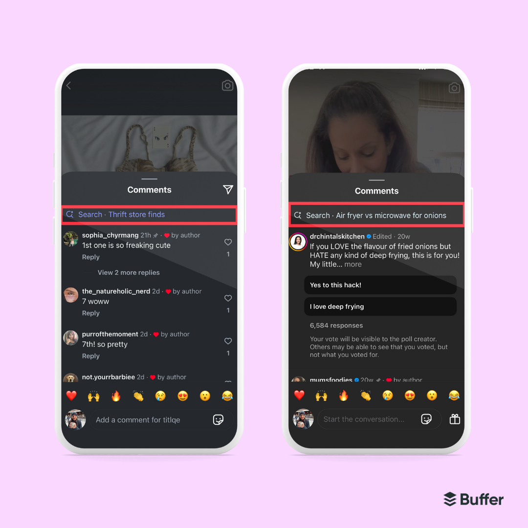 Two Instagram comment sections showing search bar usage with queries like “Thrift store finds” and “Air fryer vs microwave for onions” to highlight Instagram’s comment search feature.