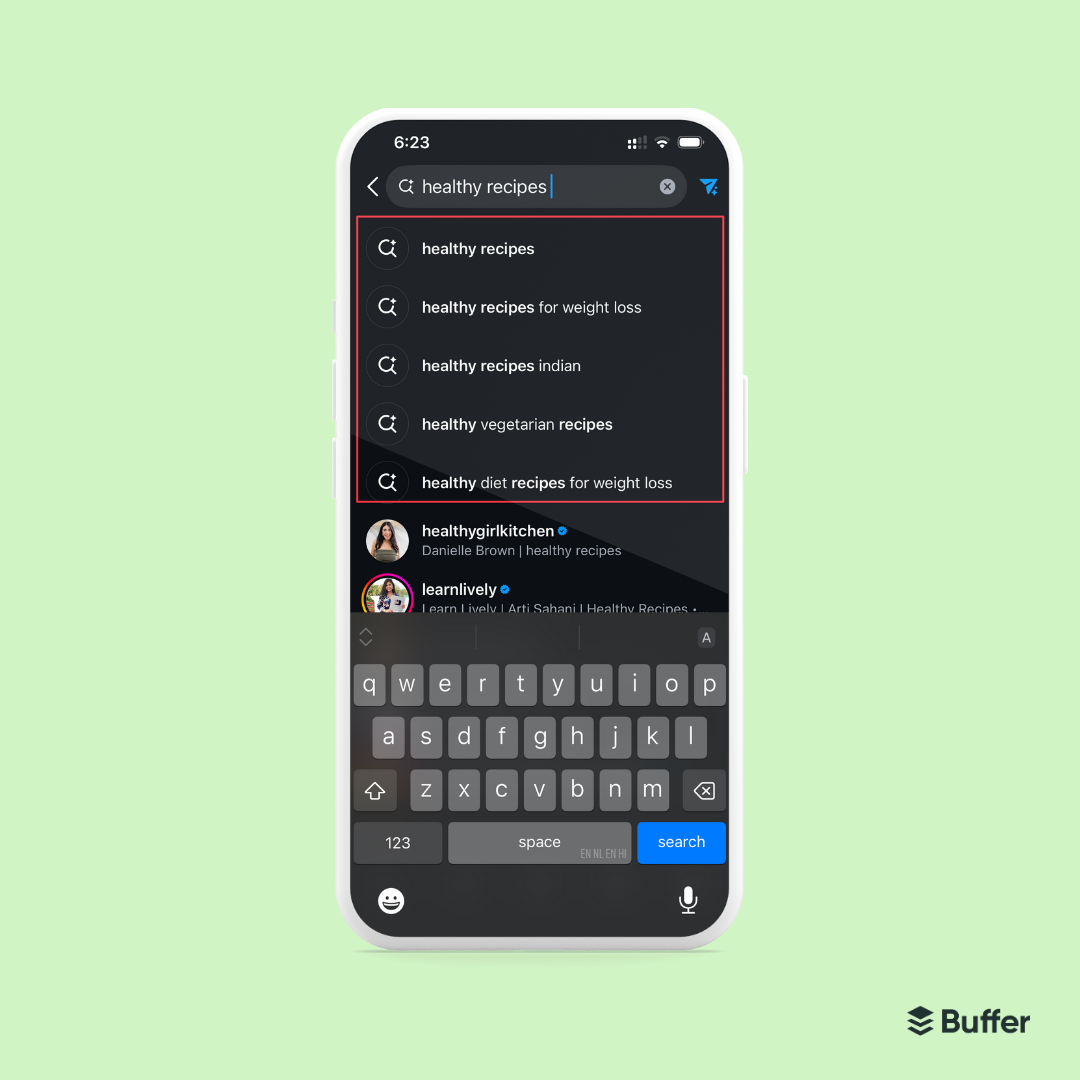 Instagram search screen showing autocomplete suggestions for “healthy recipes,” including variations like “for weight loss” and “Indian,” highlighting keyword trends.