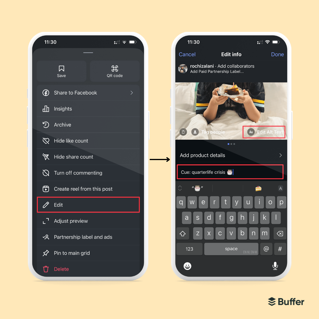 Instagram interface showing how to edit alt text on a post by selecting “Edit” and then “Edit Alt Text” to add a custom image description.