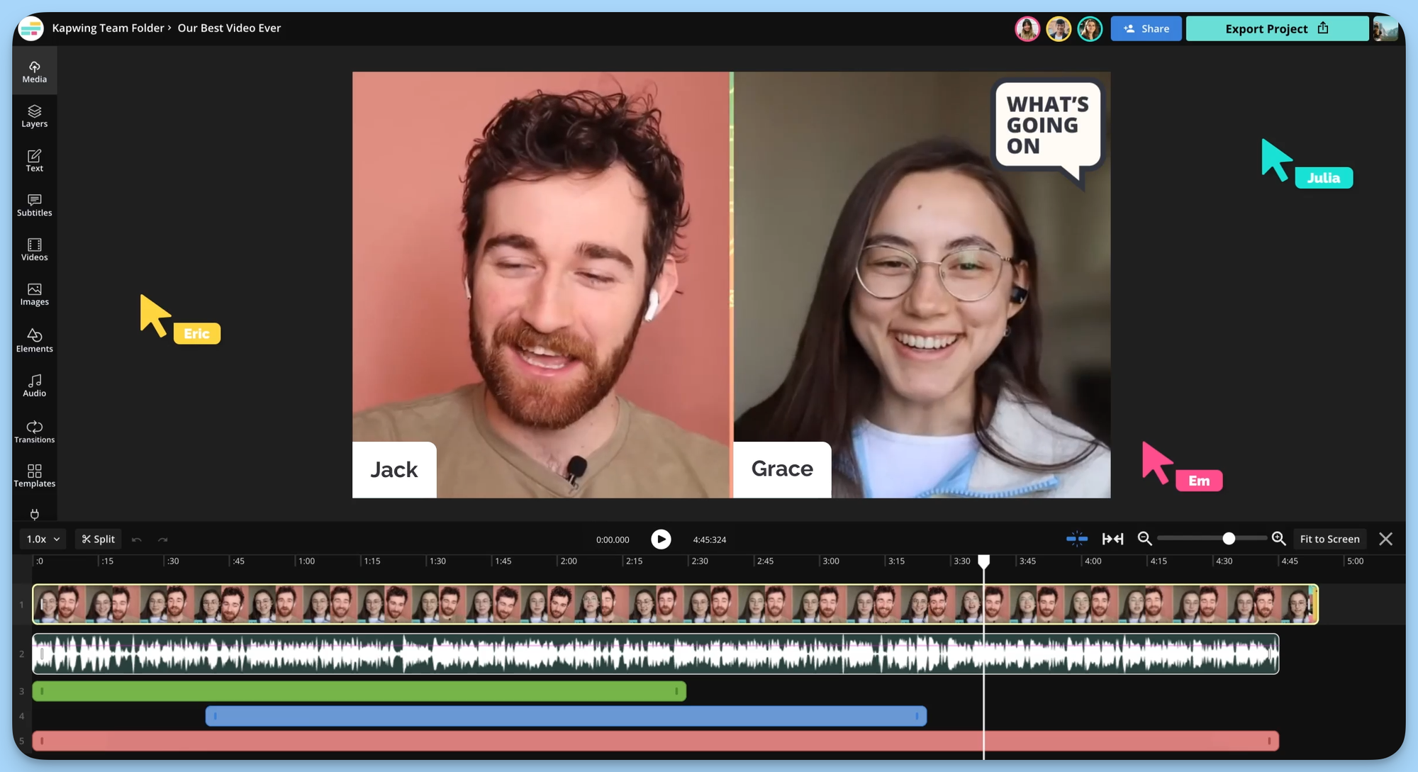 Kapwing video editor interface with a split-screen video call between two people. The timeline displays video, audio, and subtitle tracks. Editing tools are located on the left panel.