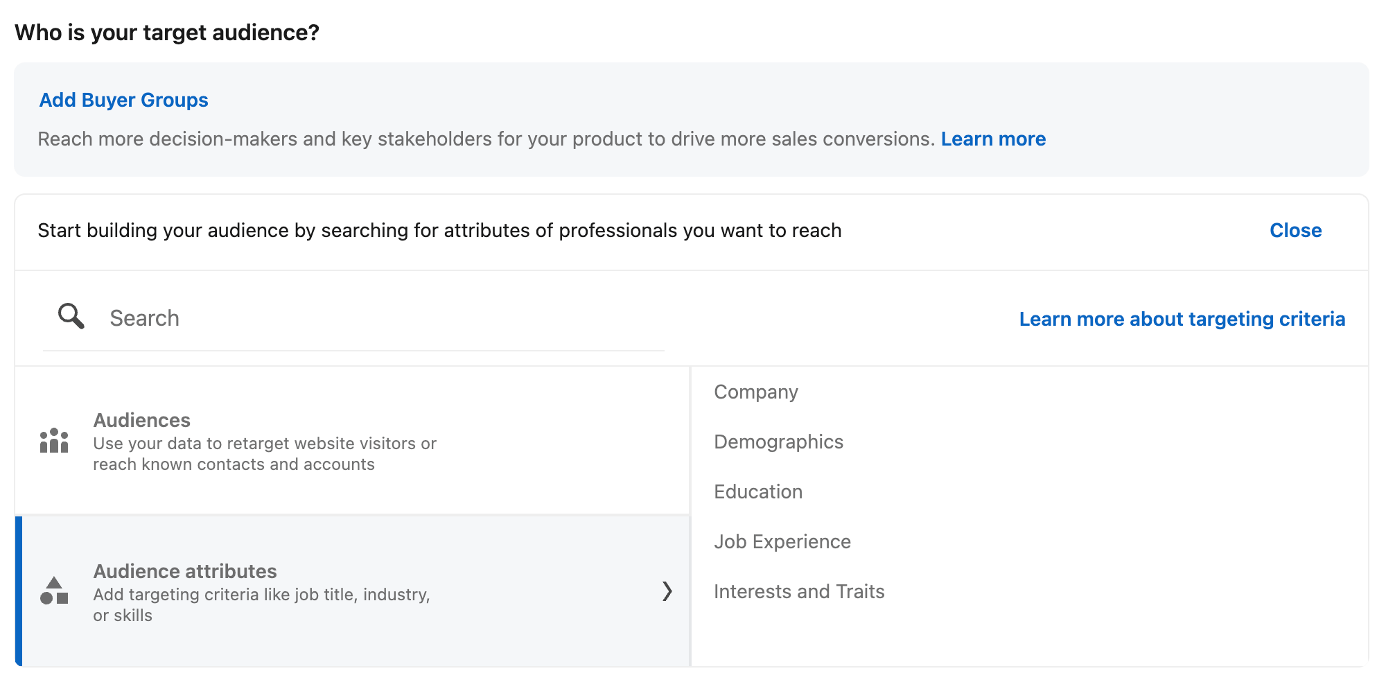 LinkedIn audience targeting screen showing options to retarget audiences or define attributes like job title, industry, company, demographics, education, job experience, and interests.