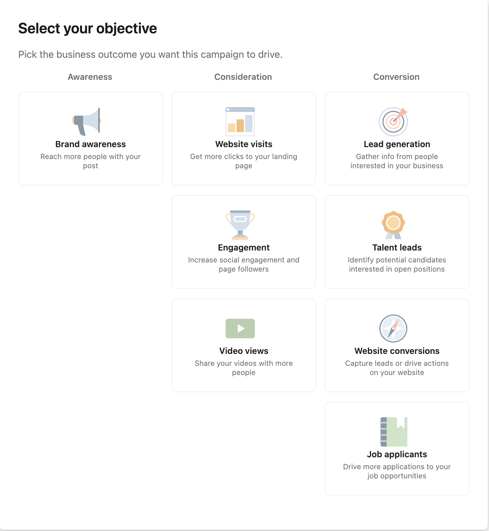 LinkedIn ad objective selection screen showing options grouped into Awareness, Consideration, and Conversion goals like brand awareness, website visits, lead generation, and job applicants.