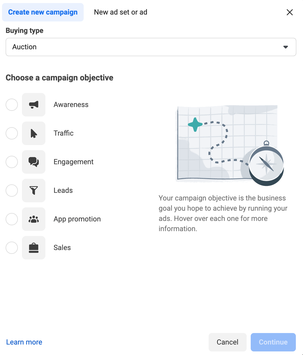 Meta Ads campaign objective screen showing six options—Awareness, Traffic, Engagement, Leads, App promotion, and Sales—under the Auction buying type.