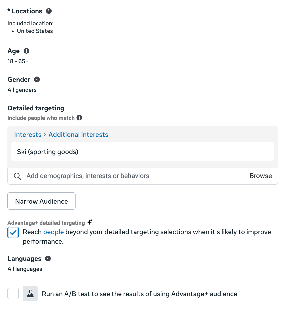 Meta ad targeting settings for a U.S. audience aged 18–65+ with an interest in skiing, using Advantage+ detailed targeting to potentially expand reach beyond selected criteria.