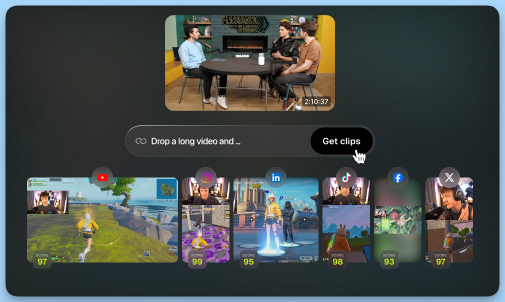 Opus Clip interface showing a long video being processed into short clips, with platform icons and engagement scores for YouTube, Instagram, TikTok, LinkedIn, Facebook, and X.