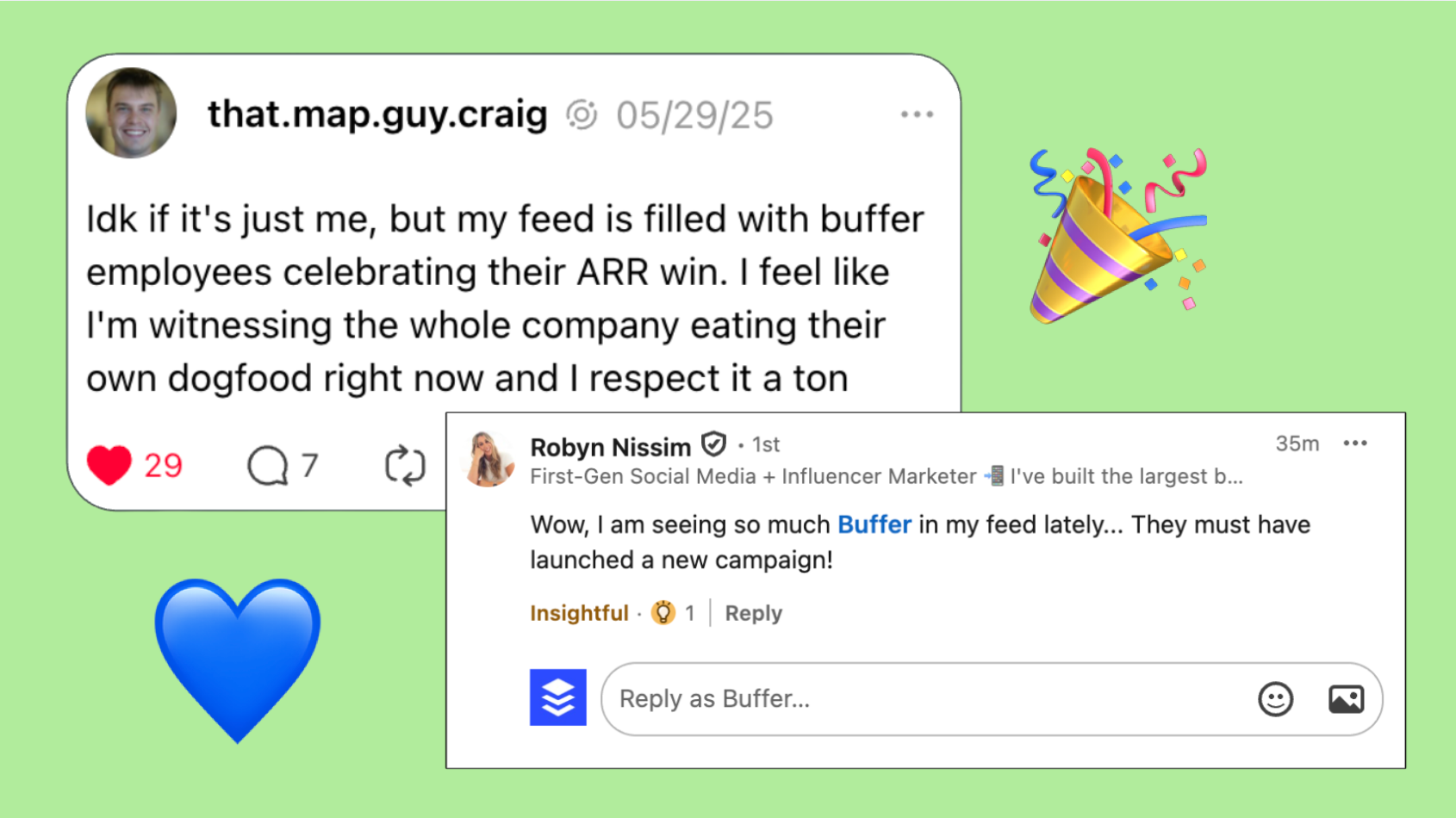 Community reactions to seeing more Buffer teammates show up in their feeds.