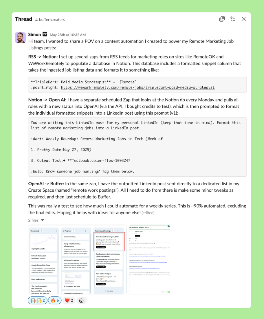 A #buffer-creators Slack post from Simon, Director of Growth Marketing, sharing an automated workflow for LinkedIn posts using RSS, Notion, OpenAI, and Buffer.