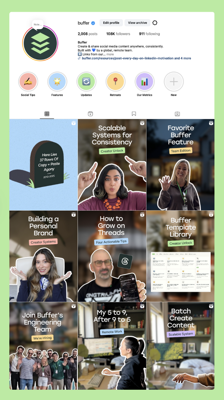 Buffer’s Instagram feed showing a diverse mix of teammates featured across content posts, reflecting team-wide participation in content creation.
