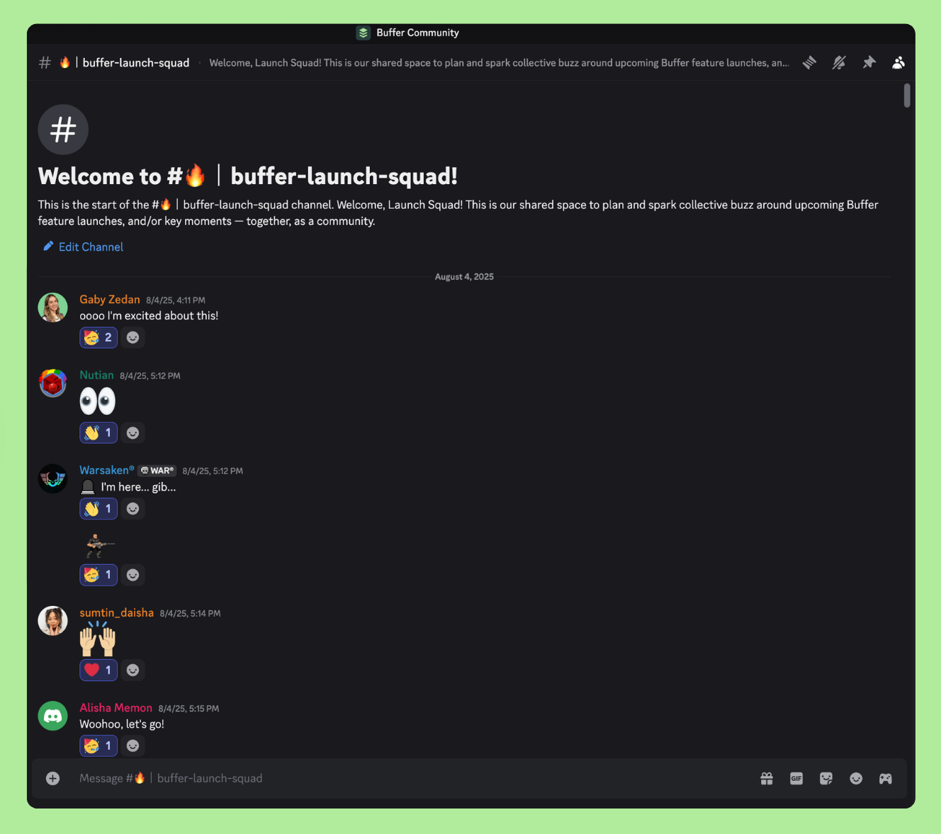 Snapshot from our #buffer-launch-squad Discord channel; the Buffer community comes together around product launches, inspired by seeing teammates more active as creators.