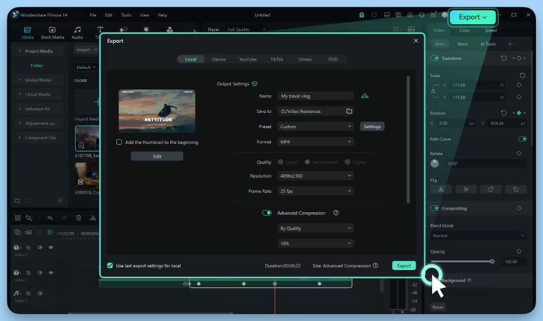 The Wondershare Filmora export screen is shown with settings for resolution, format, frame rate, and quality. The file is ready to export as an MP4 with a custom thumbnail.