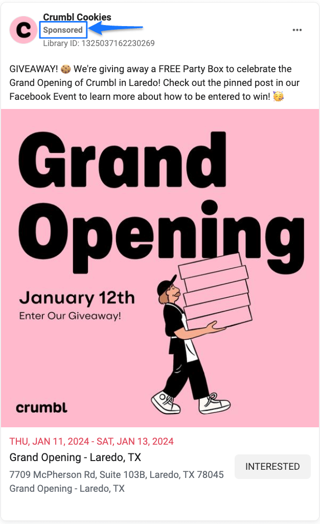 Facebook ad from Crumbl Cookies promoting a grand opening event in Laredo, TX with a giveaway and illustrated image of a person carrying cookie boxes.