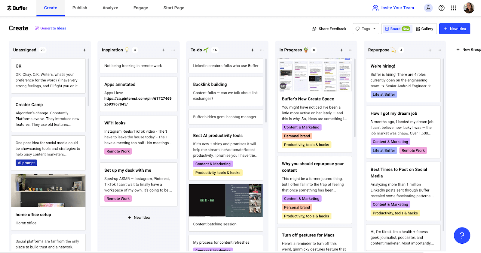 a screenshot of buffer's create planning space for ideas, organized into columns
