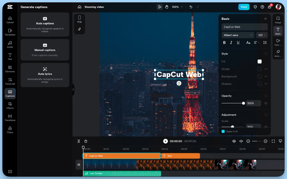 CapCut Web interface showing a video edit with “CapCut Web!” text over cityscape, timeline tracks below, and text styling tools and caption options in side panels.