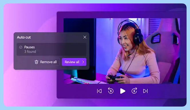 A Clipchamp editing interface shows a gamer with headphones using a controller. An “Auto cut” tool highlights 3 pauses found, with options to review or remove them.
