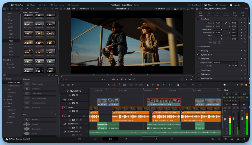 DaVinci Resolve interface showing a video project with multiple video and audio tracks. Preview window displays two people in cowboy hats. Editing tools and effects panels are visible.