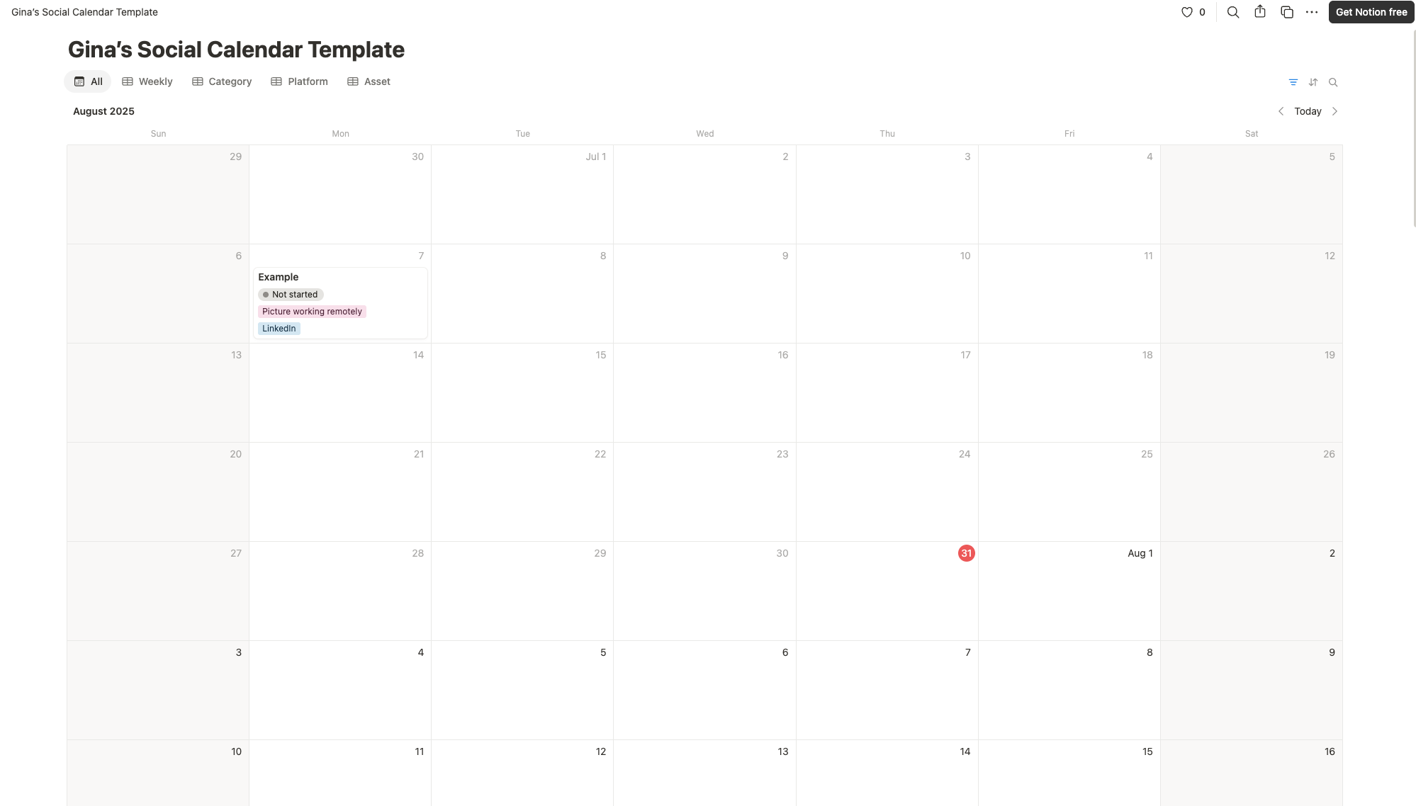 a screenshot of a social media calendar template in notion