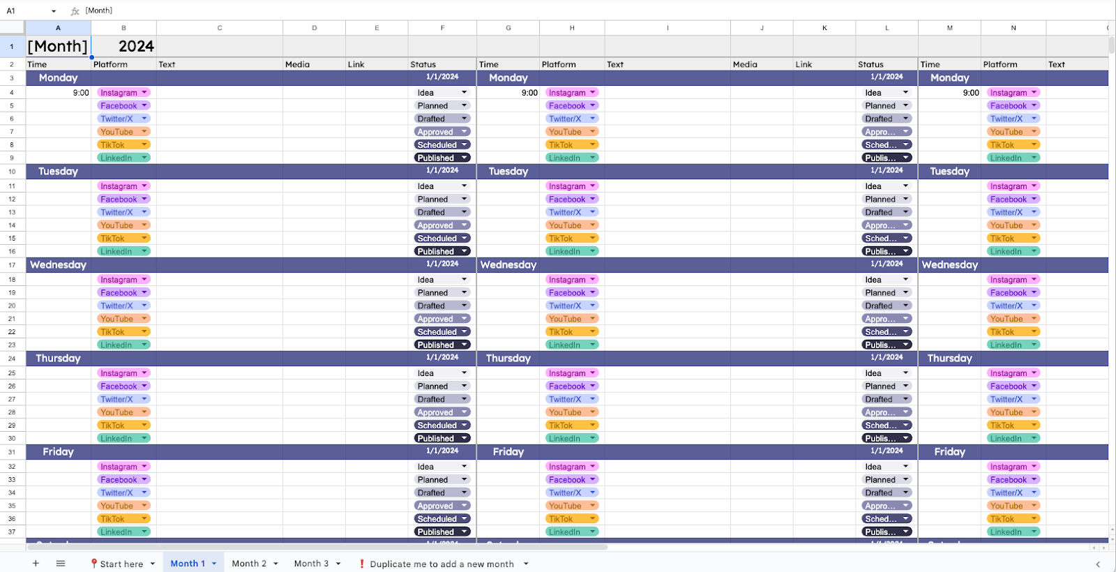 a screenshot of a social media calendar template in google sheets