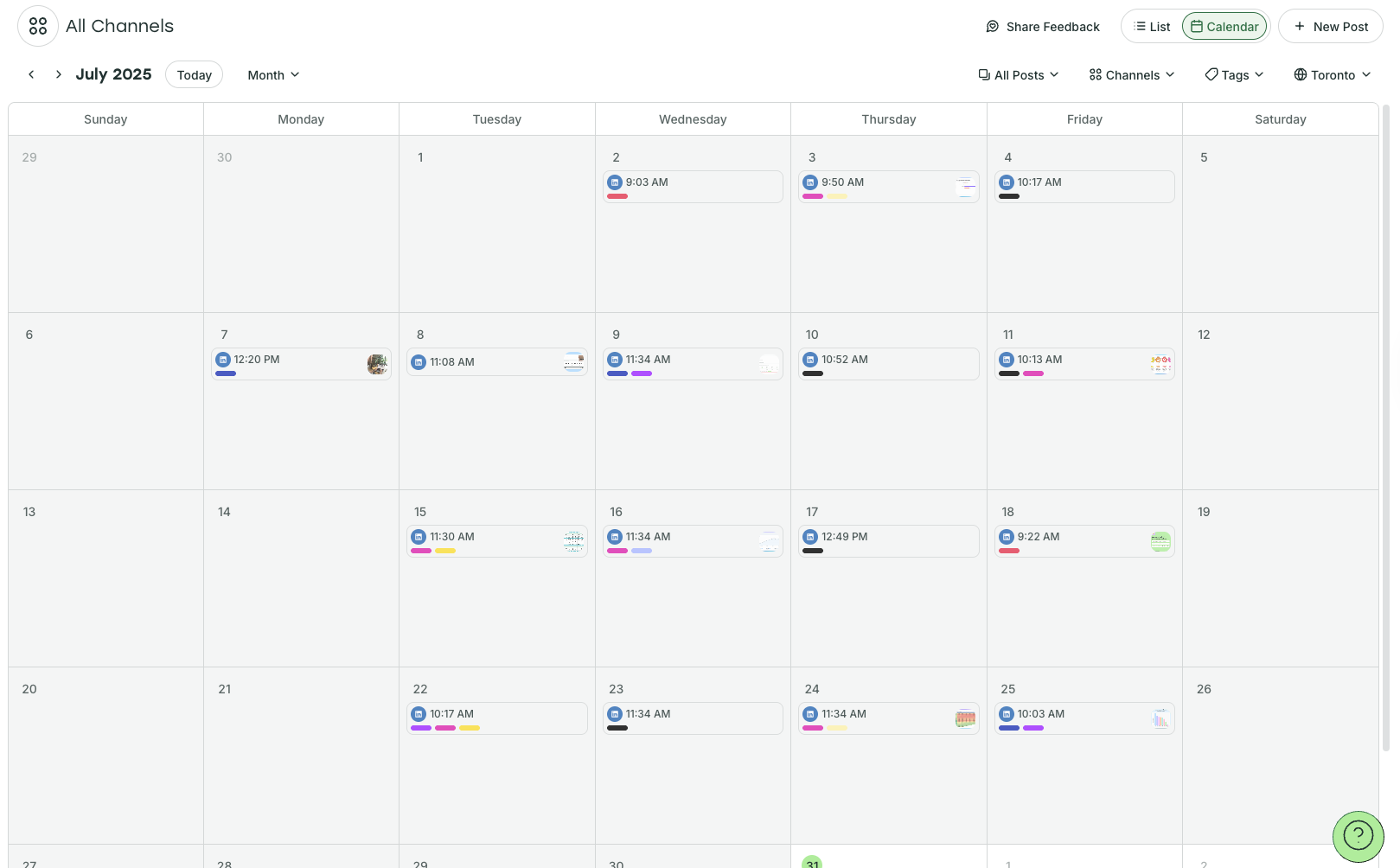 simon's social media calendar in buffer, with posts marked with various color coded tags