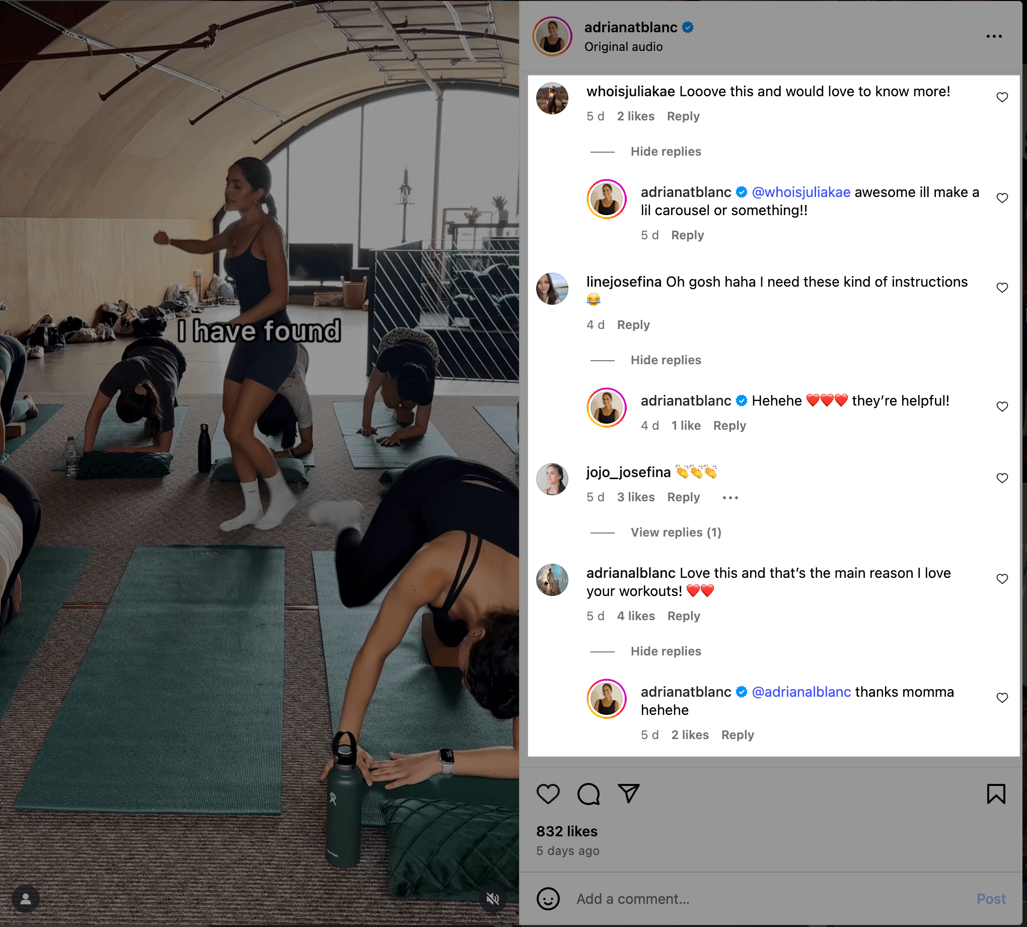 Adriana Blanc leads a workout class in a gym with green mats. Her Instagram Reel sparks positive comments and requests for more ADHD-friendly workout tips.