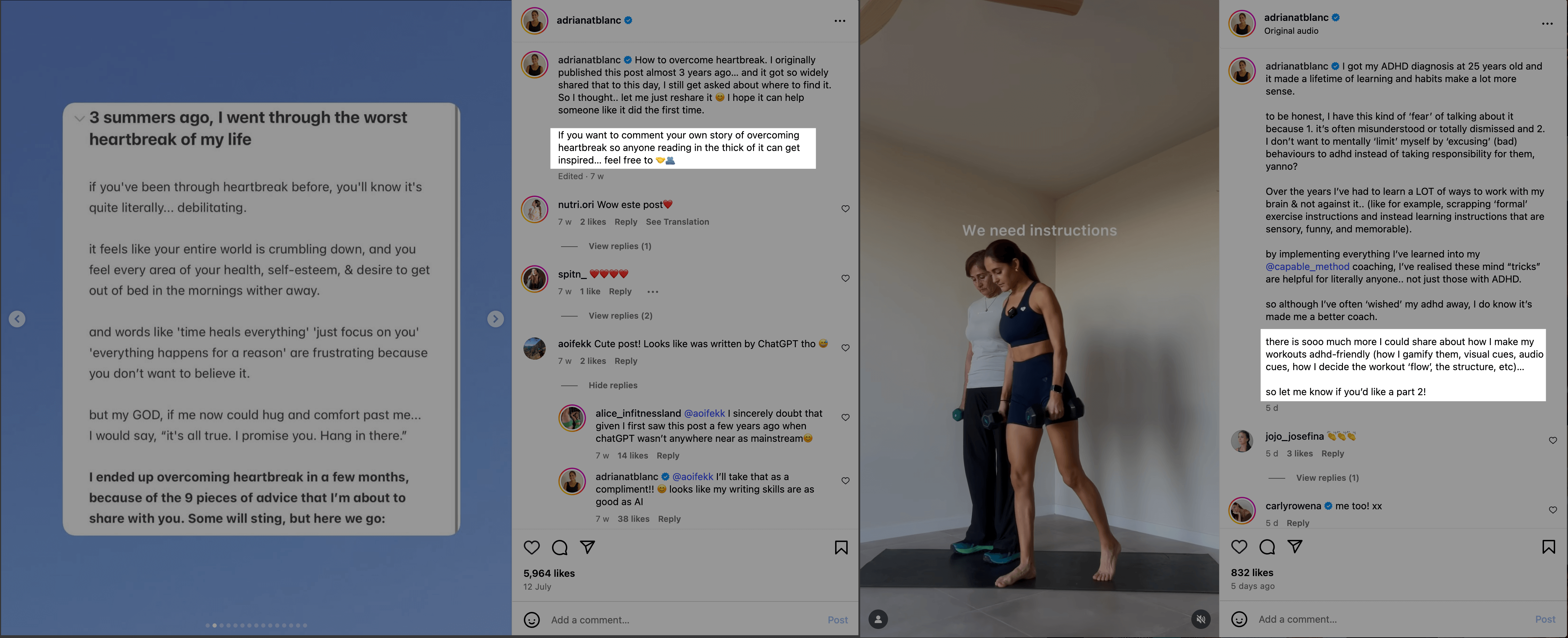 Instagram carousel showing personal storytelling by creator Adriana Blanc, covering heartbreak recovery and ADHD-friendly workouts, with high engagement and community-driven captions.