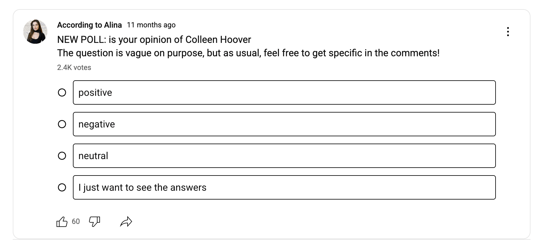 YouTube community poll by According to Alina asking viewers’ opinions on Colleen Hoover with options like positive, negative, and neutral.
