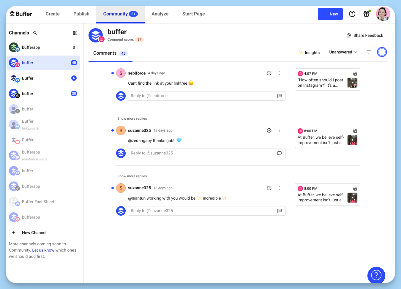 Buffer’s Instagram Community tab shows recent comments and replies, with users thanking others and asking for links. Dashboard displays engagement insights and post previews.