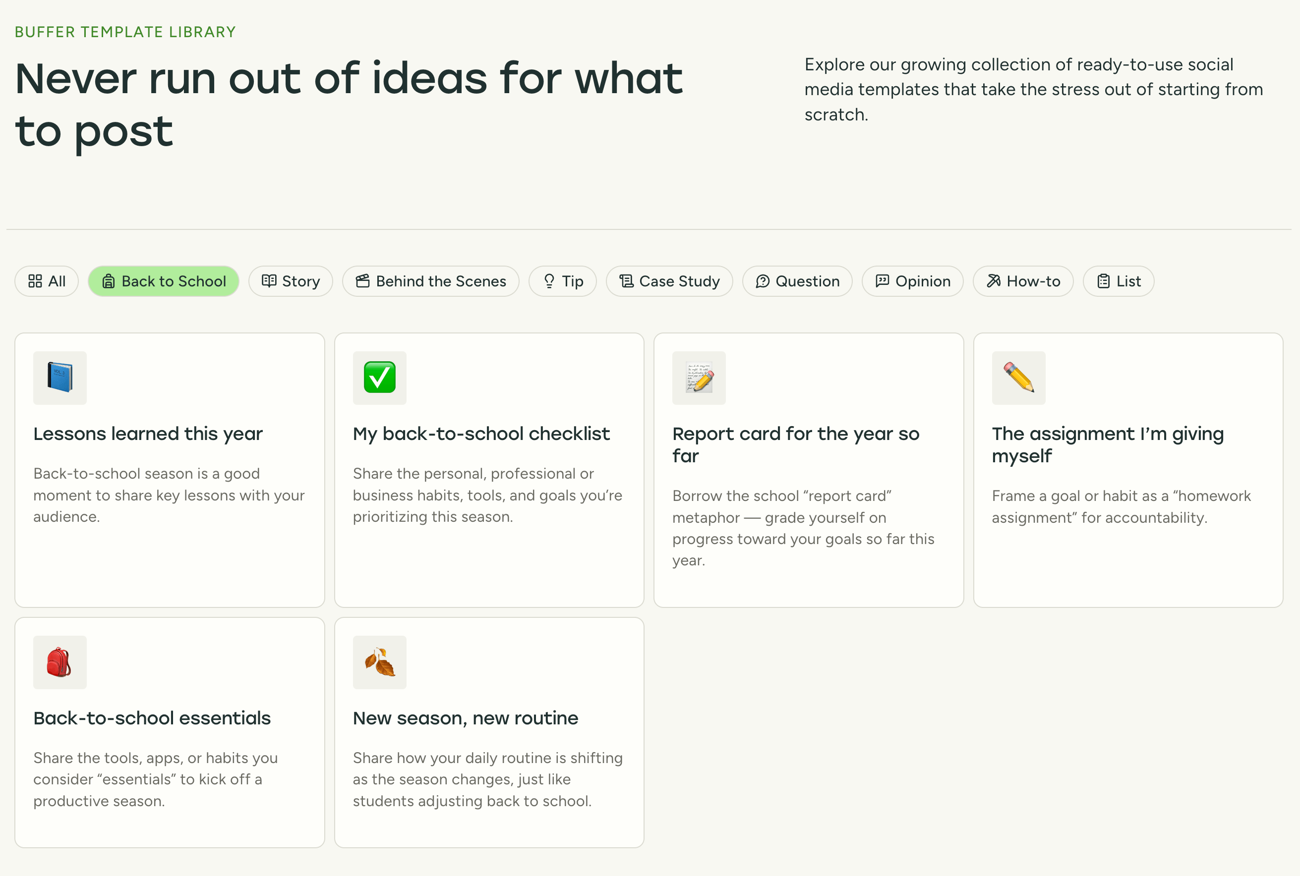 Screenshot of Buffer’s social media template library with six back-to-school content ideas, including lessons learned, checklists, routines, and report cards — all designed to inspire seasonal posts.