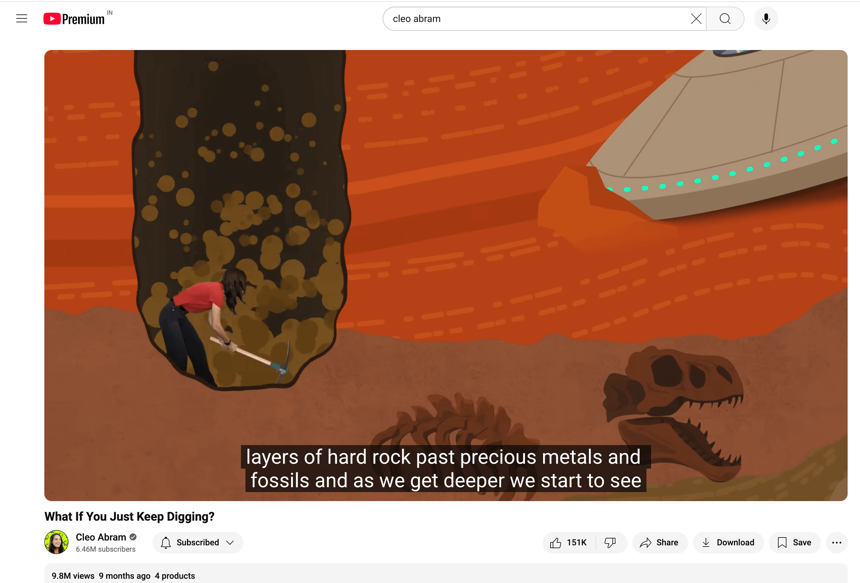 YouTube video by Cleo Abram with animation showing her digging underground through rock layers, fossils, and a UFO while explaining a science concept.
