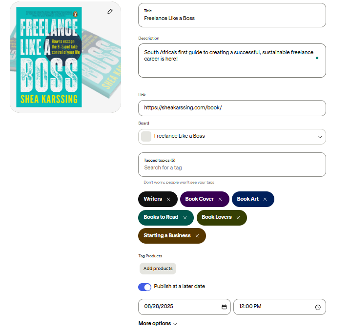 Pinterest post composer for Pinterest showing title, image preview, destination link, and options to schedule or share a pin across social platforms.