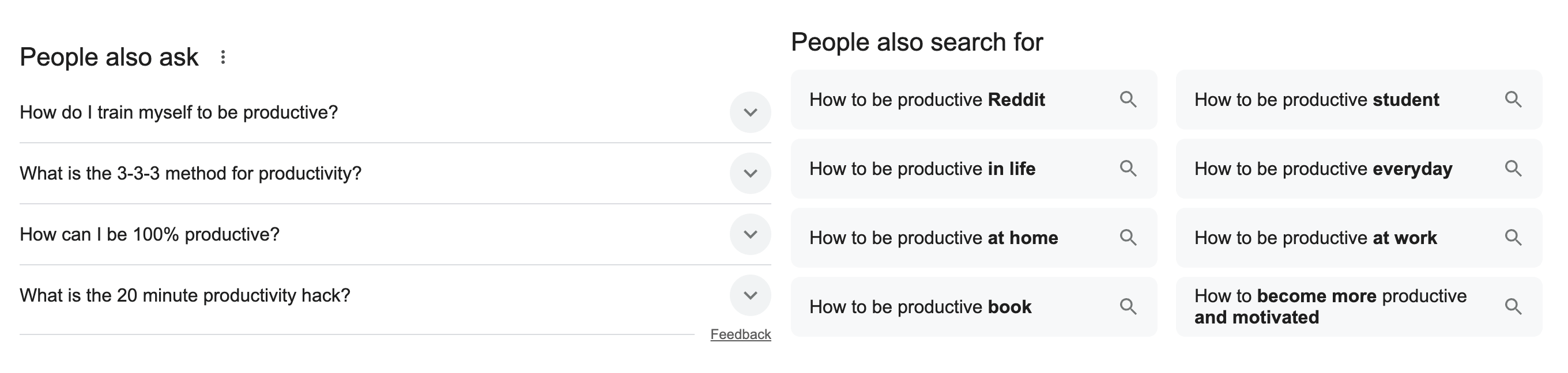 Google search results for productivity-related queries showing “People also ask” and “People also search for” video content ideas.