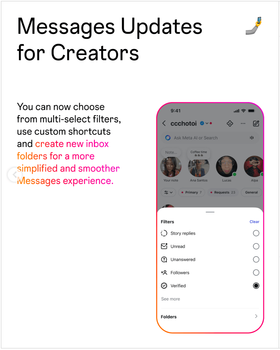 Instagram now lets creators filter messages by unread, unanswered, followers, and more. Screenshot shows a redesigned inbox with folders and multi-select filters for easier navigation.