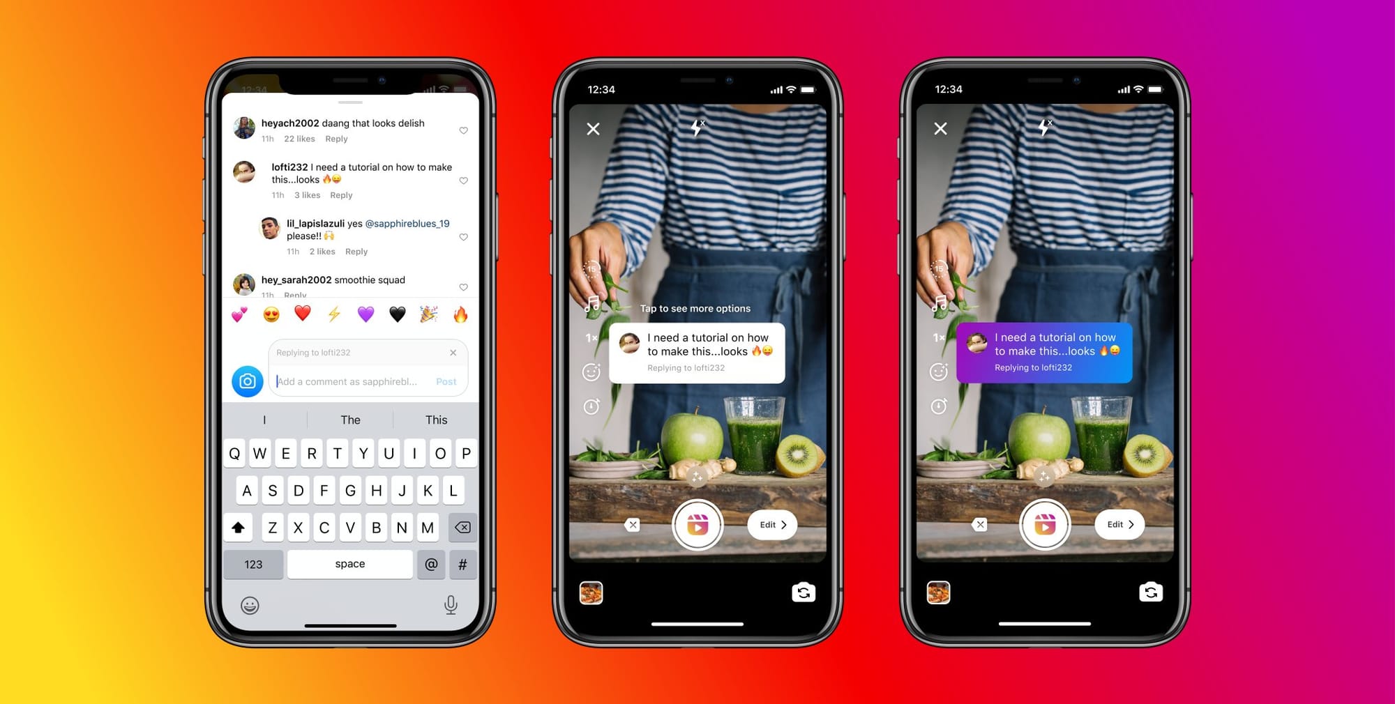 Three phone screens show an Instagram comment being replied to with a Reel. The comment is turned into a sticker overlay on the video, demonstrating the comment-to-reel reply feature.