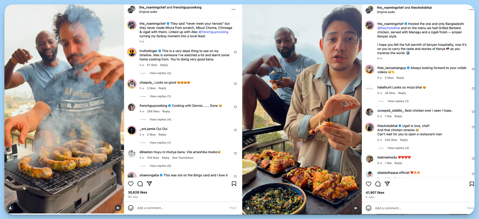 Side-by-side Instagram posts from @the_roamingchef featuring food collaborations — grilling sausages outdoors with a guest, and serving Berbere chicken with Ugali and greens on a balcony.
