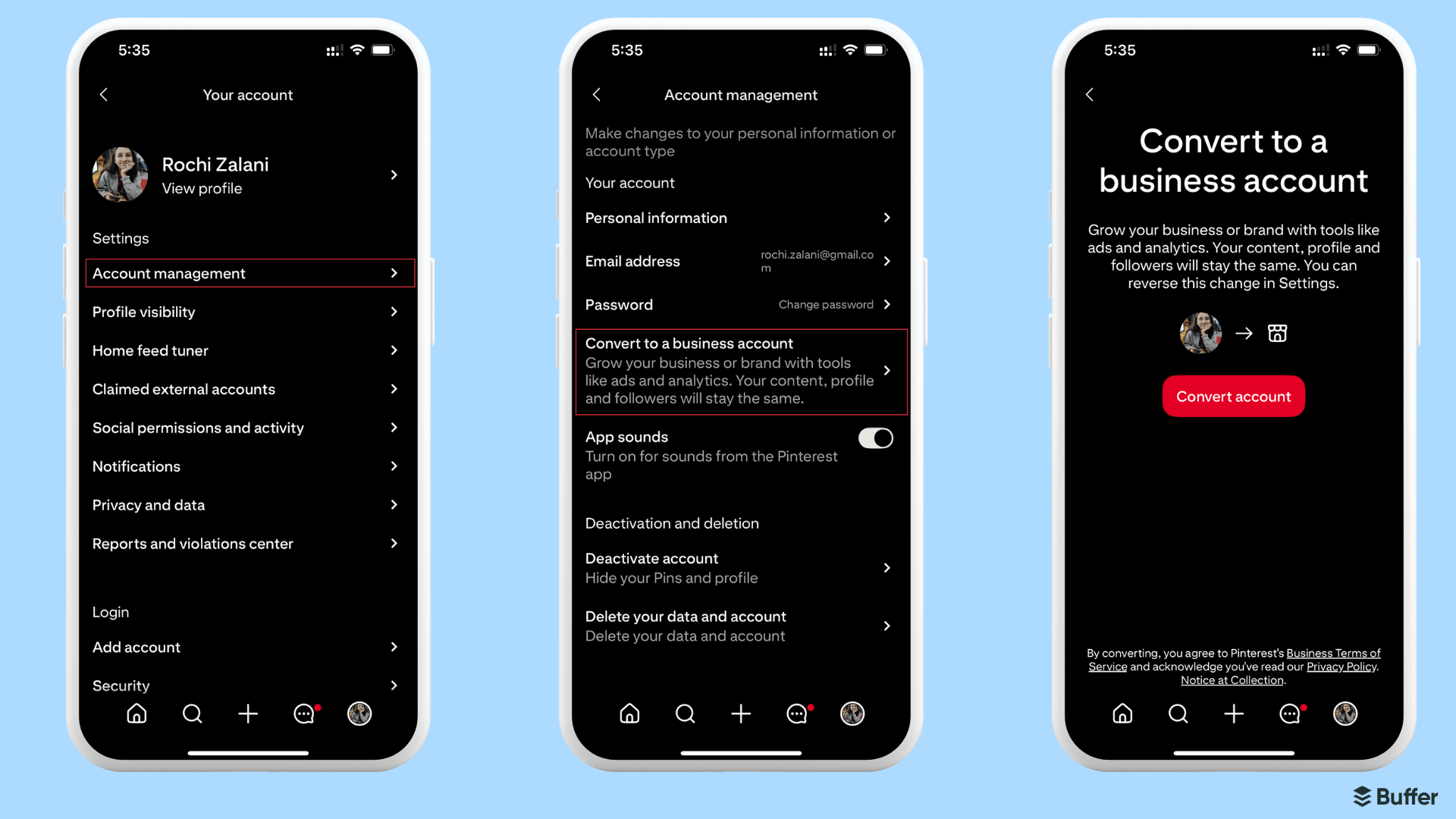 Three mobile screens showing how to convert a Pinterest personal account to a business account through account management settings.