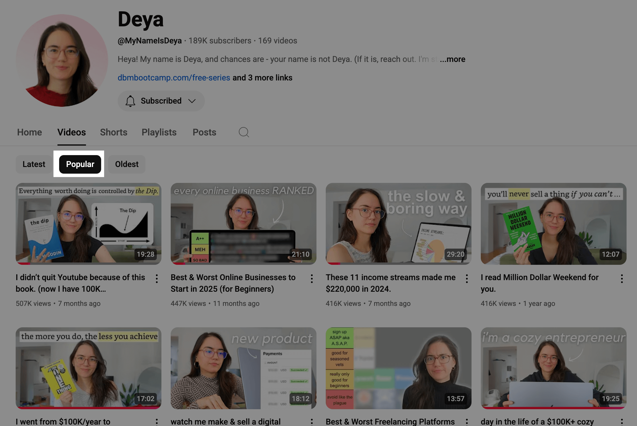 Here’s alt text under 190 characters for this image:  Popular tab on YouTube creator channel YouTube channel showing Deya’s most popular videos, including topics like online business rankings, income streams, and book reviews with high view counts.