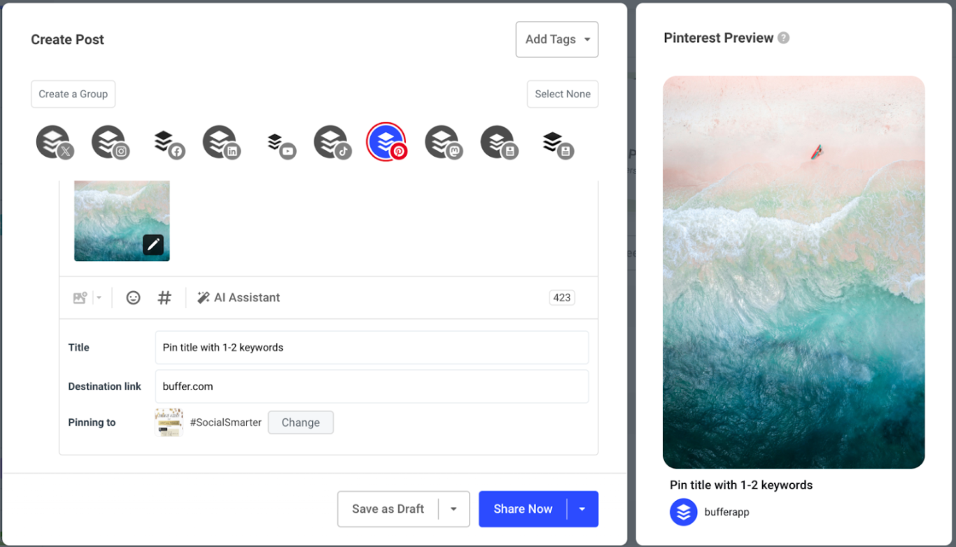 Buffer interface for scheduling a Pinterest post with a surf image preview, destination link, pin title field, and share options across platforms.